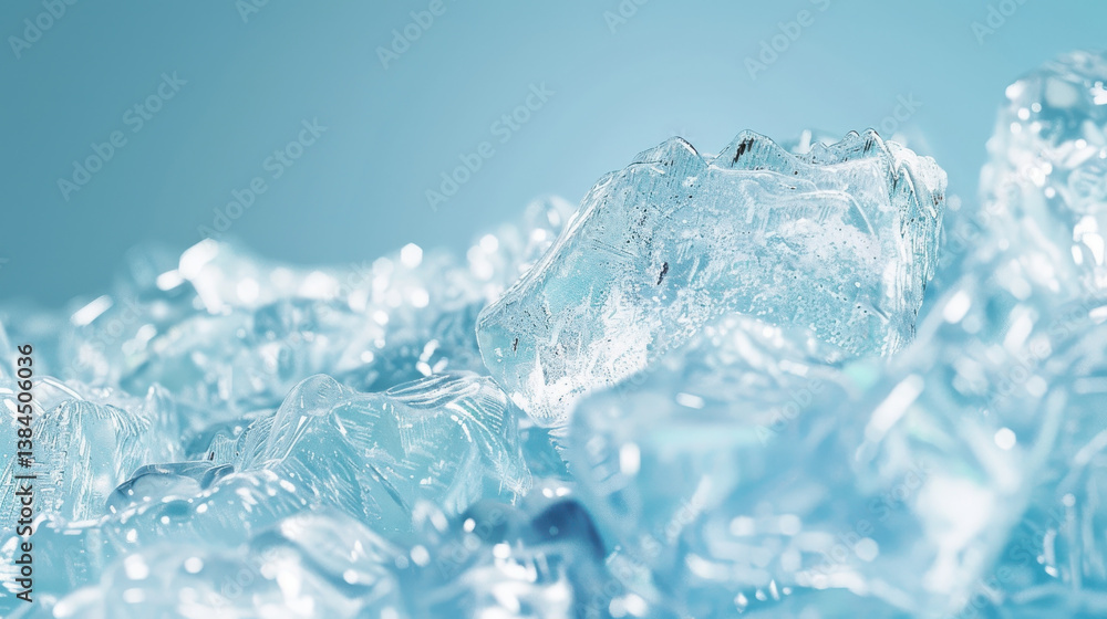 Poster close up view of smooth, clear ice pieces on soft blue background, creating serene and refreshing at