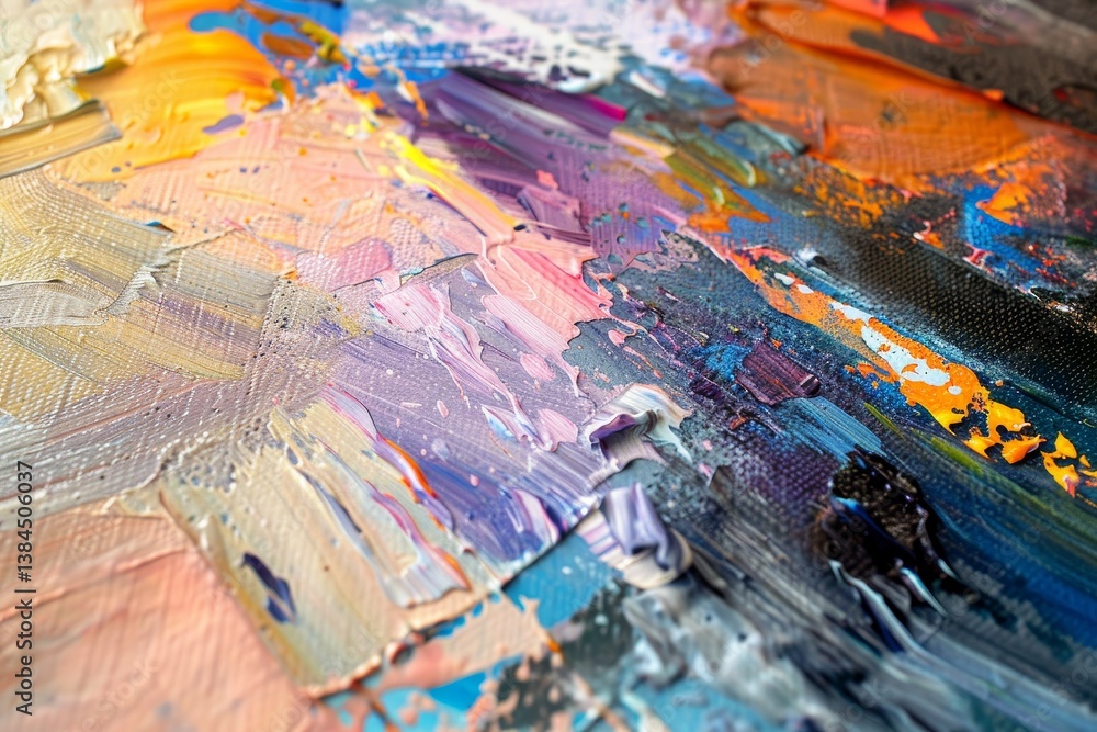 Poster close-up of a textured abstract painting with layers of colorful brushstrokes, layers of textured br