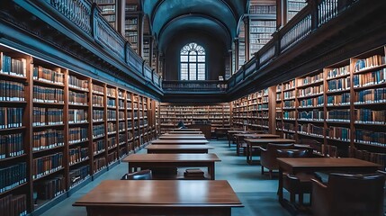 Fototapeta premium Grand Library Interior Dark Wood Bookshelves, Warm Lighting, and Wooden Tables