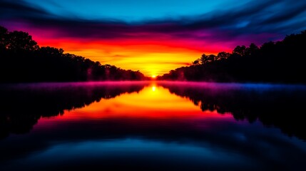 Obraz premium Vibrant Sunrise Reflecting on Serene Lake.