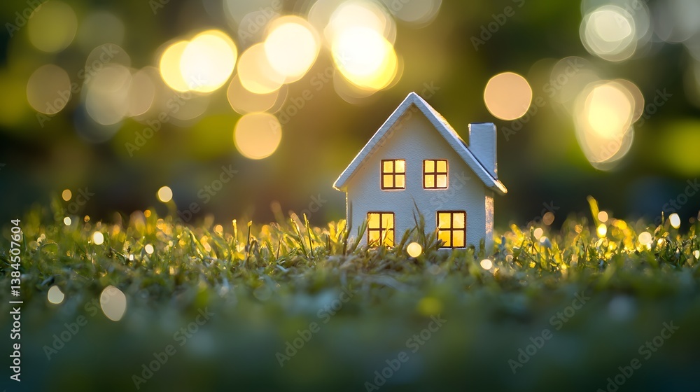 Aufkleber Miniature House Model on Grass with Soft Bokeh Background