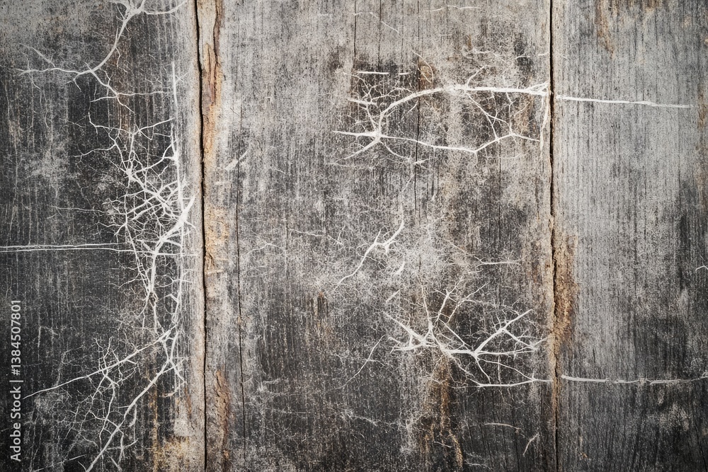 Poster weathered wood planks with intricate crack patterns resembling tree branches.