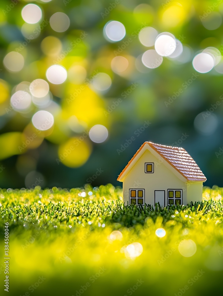 Poster Miniature House Model on Grass with Bokeh Background Effect