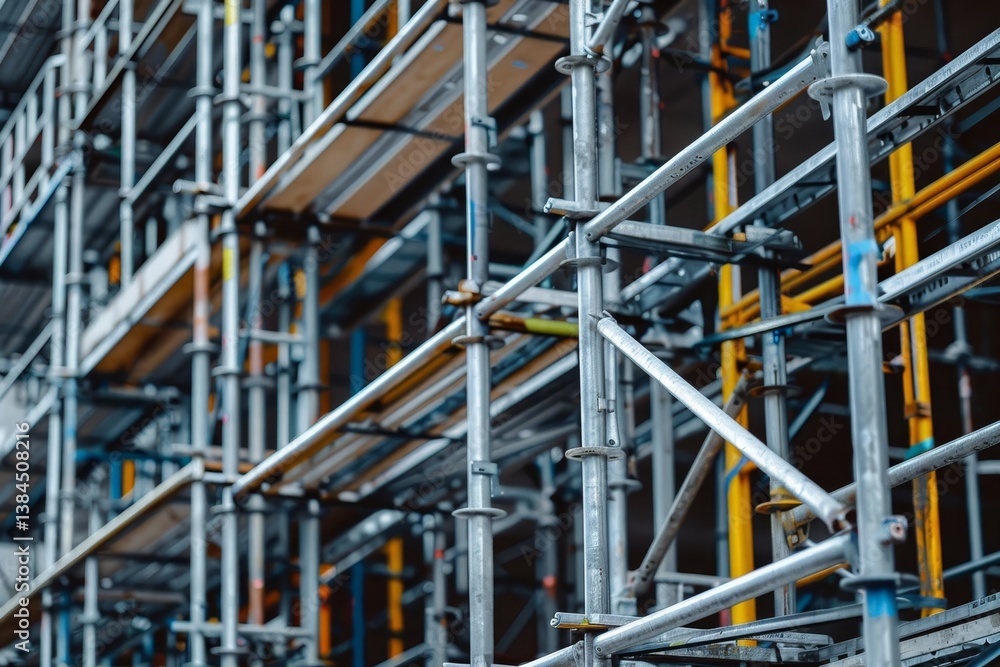 Poster a close-up photograph showcasing the intricate detail of scaffolding surrounding a half-built struct