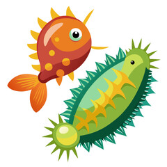 sun, cartoon, vector, illustration, summer, nature, smile, fish, symbol, animal, weather, cloud, art, flower, design, fun, happy, icon, funny, cute, drawing, yellow, face, set, character
