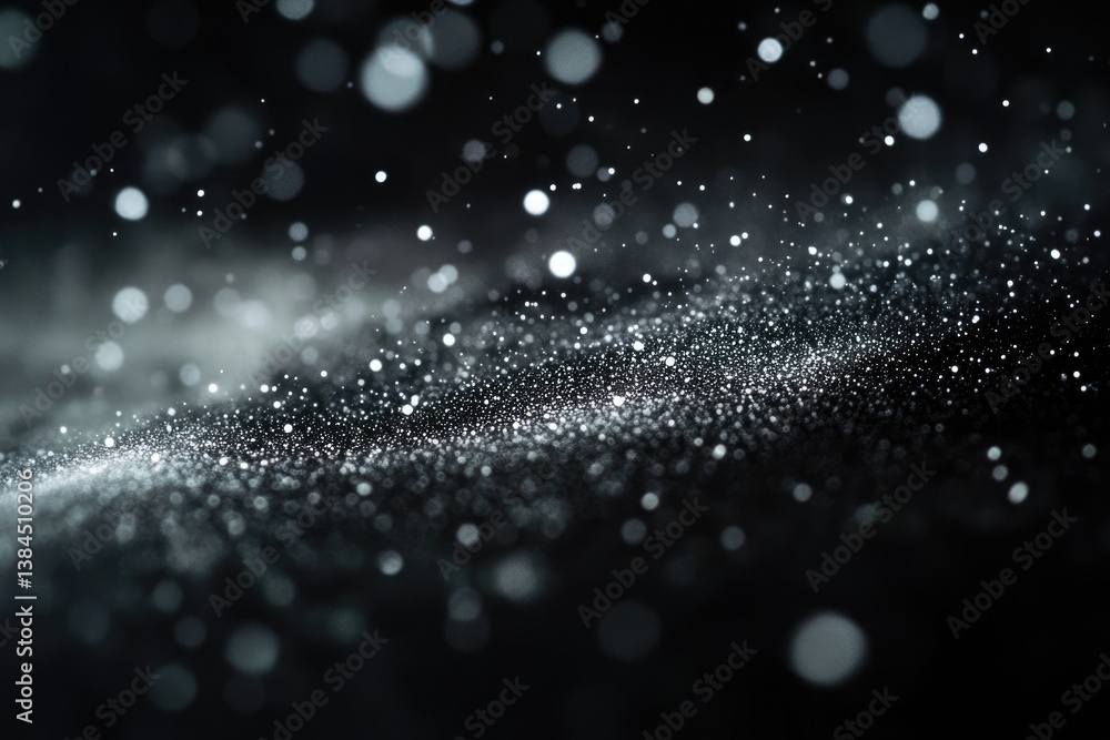 Poster abstract dark background with shimmering silver glitter and bokeh lights, creating a magical, elegan