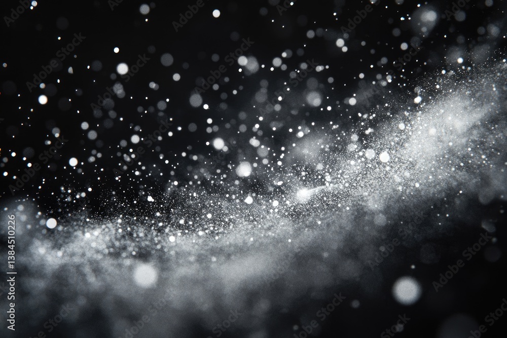 Poster abstract background with sparkling silver dust and bokeh lights on a black backdrop.
