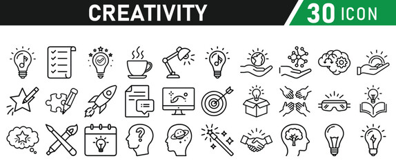 Creativity icon set. Creative idea, solution, thinking and innovation icons. Lightbulb with brain symbol vector illustration