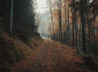 Fototapeta premium Beautiful forest landscape in autumn with leaves on the ground and trees, with a dirt path leading through the forest. Stock photo contest winner, high resolution, in raw style. 