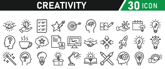 Creativity icon set. Creative idea, solution, thinking and innovation icons. Lightbulb with brain symbol vector illustration