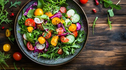 1. A vibrant plate of colorful salad with fresh vegetables and greens on a rustic wooden table
