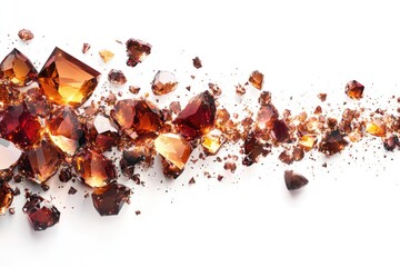 A stream of shattered amber gemstones, glistening with warm, rich tones against a pristine white background.