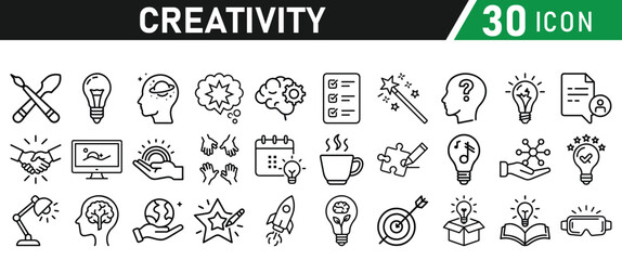 Creativity icon set. Creative idea, solution, thinking and innovation icons. Lightbulb with brain symbol vector illustration