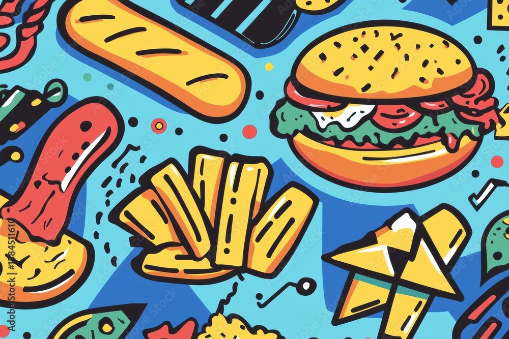Poster creative memphis-style pop-art design featuring abstract food shapes and vibrant geometric elements