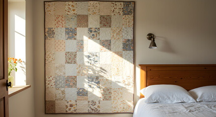 Hanging Quilted Fabric Wall Art in a Country Style Bedroom Interior