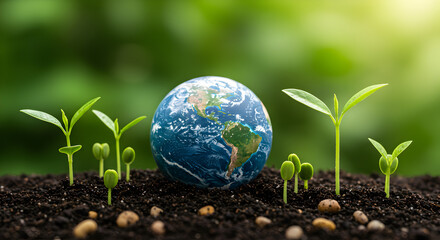 Earth Globe Surrounded By Seedlings Growing From Soil With a Blurred Green Background in Bright Light