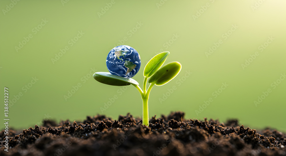Poster earth globe resting on a seedling sprout in fertile soil symbolizing environmental conservation and 