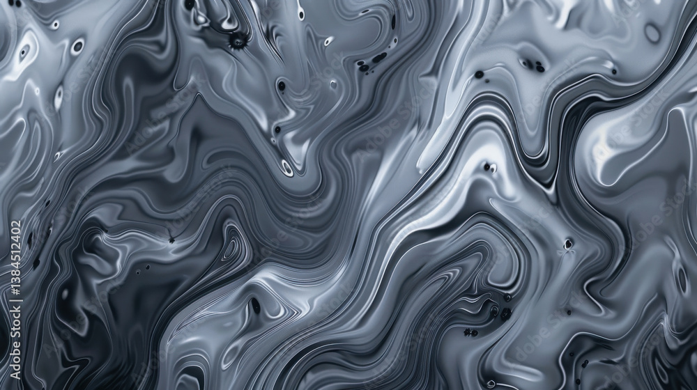 Poster smooth, flowing abstract design featuring shades of gray and silver, creating mesmerizing visual eff