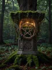 Enchanted Pentacle on Mossy Altar in a Mystical Fairy Forest