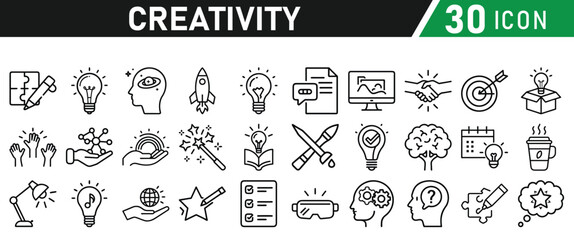 Creativity icon set. Creative idea, solution, thinking and innovation icons. Lightbulb with brain symbol vector illustration