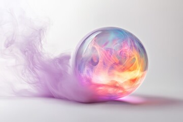 A translucent sphere filled with swirling pastel smoke, resting on a light gray surface.
