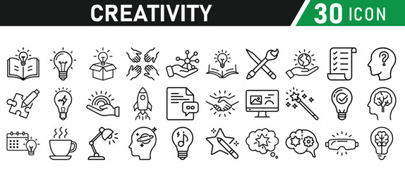 Creativity icon set. Creative idea, solution, thinking and innovation icons. Lightbulb with brain symbol vector illustration