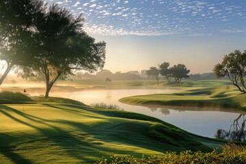 A picturesque golf course at sunrise, with fog rolling over a winding waterway, A serene image of a golf course at sunrise