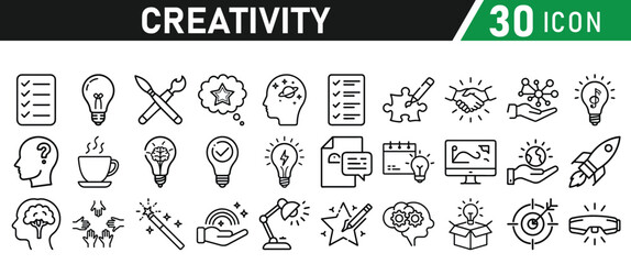Creativity icon set. Creative idea, solution, thinking and innovation icons. Lightbulb with brain symbol vector illustration
