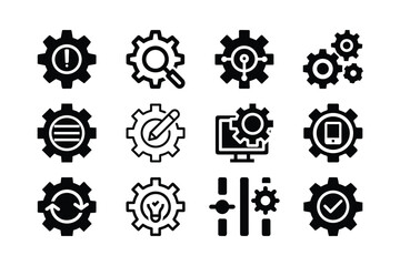 Set of Black and White Gear Icons Representing Various Technical Processes