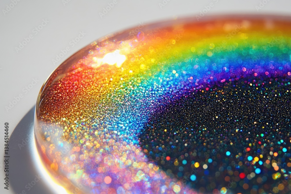 Poster rainbow glitter embedded in resin, creating a vibrant and sparkling effect.