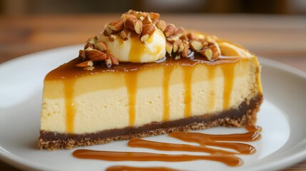 56. A slice of golden cheesecake topped with caramel drizzle and nuts