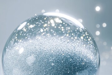 A glass sphere filled with shimmering, silver glitter and sparkling lights, creating a magical, wintery scene.