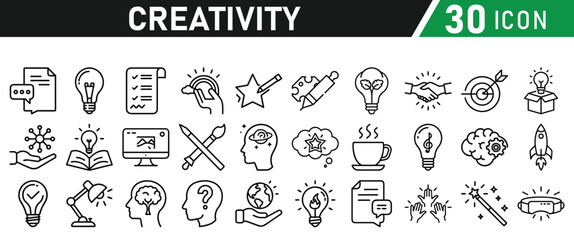 Creativity icon set. Creative idea, solution, thinking and innovation icons. Lightbulb with brain symbol vector illustration