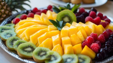 72. A colorful fruit platter featuring sliced mango, pineapple, and kiwi