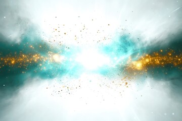 Obraz premium Abstract teal and gold cosmic explosion, glittering particles burst with bright light.