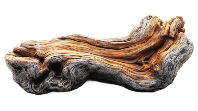 Organic driftwood piece with beautiful patina isolated on transparent background for rustic decor, nature-inspired design, and beach themed art