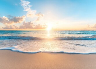 Beautiful ocean waves with a blurred background of a sunset over the sea. The concept of travel, vacation, and nature. The focus is on the foreground with copy space for text or design.