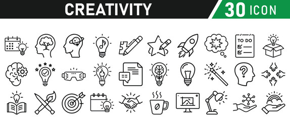 Creativity icon set. Creative idea, solution, thinking and innovation icons. Lightbulb with brain symbol vector illustration
