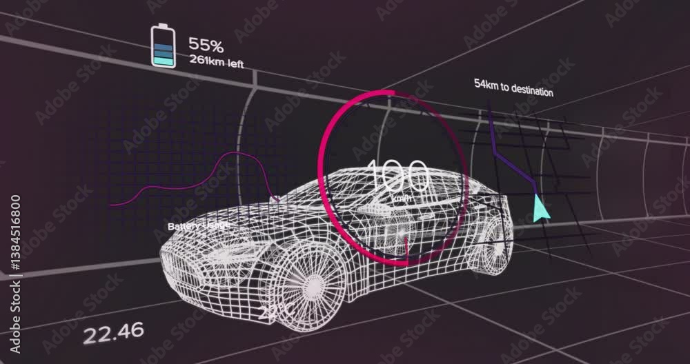 Poster animation showing wireframe car with battery status and distance data in interface
