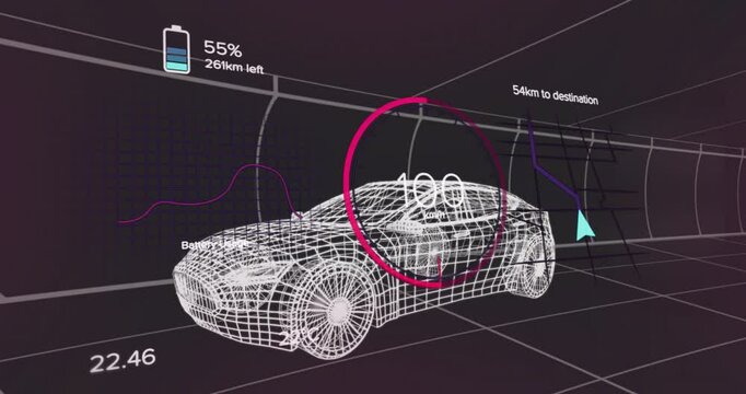 Animation showing wireframe car with battery status and distance data in interface