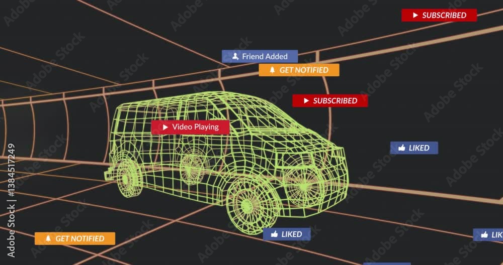 Poster animation of wireframe van surrounded by social media notifications in digital space