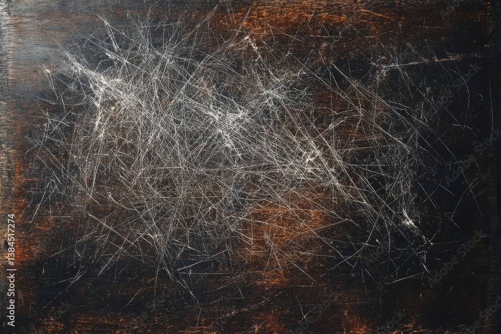 Poster dark brown surface heavily scratched with a spiderweb pattern of white lines.