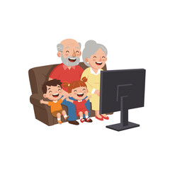 Obraz premium Happy grandparents and kids enjoying a movie on the sofa 