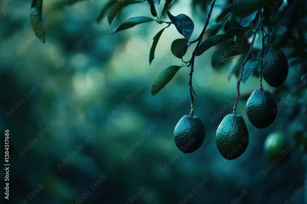 Fototapete ripened avocados hanging from tree branch in an orchard with soft background blur at golden hour