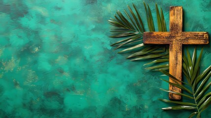 Symbolic wooden cross and palm leaf on soft green background representing Lent season, Palm Sunday, and Holy Week, conveying Christian faith, spirituality, reflection, and religious tradition.