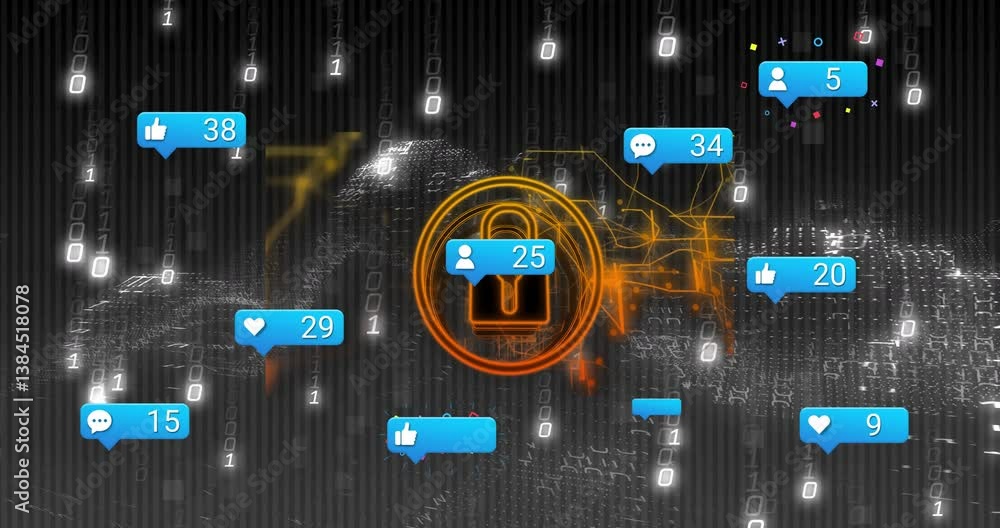 Aufkleber animation of digital lock with social media notifications over binary code background