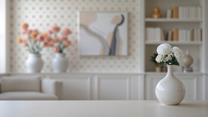 White flowers in a vase decorating a blurred living room