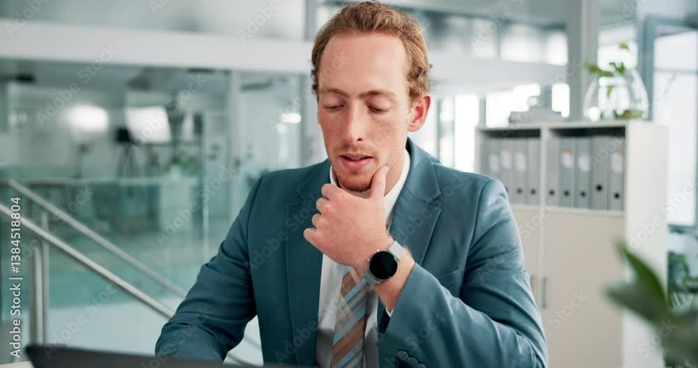Aufkleber Laptop, thinking and review with business man at desk in office for administration or research. Computer, information and reading with employee in workplace for feedback, problem solving or report