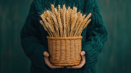 Hands holding a woven basket filled with golden wheat against a textured green backdrop. Shavuot