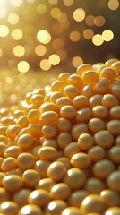 Close-up of shiny yellow soybeans with bokeh sunlight in the background, perfect for themes of farming, sustainability, nutrition, and plant-based food industry visuals


